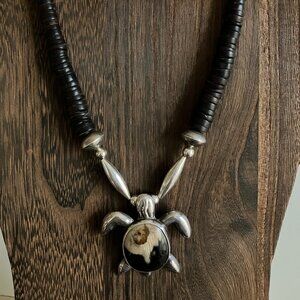 Vintage Turtle Pendant - Petrified Wood, Sterling and Shell Heishi